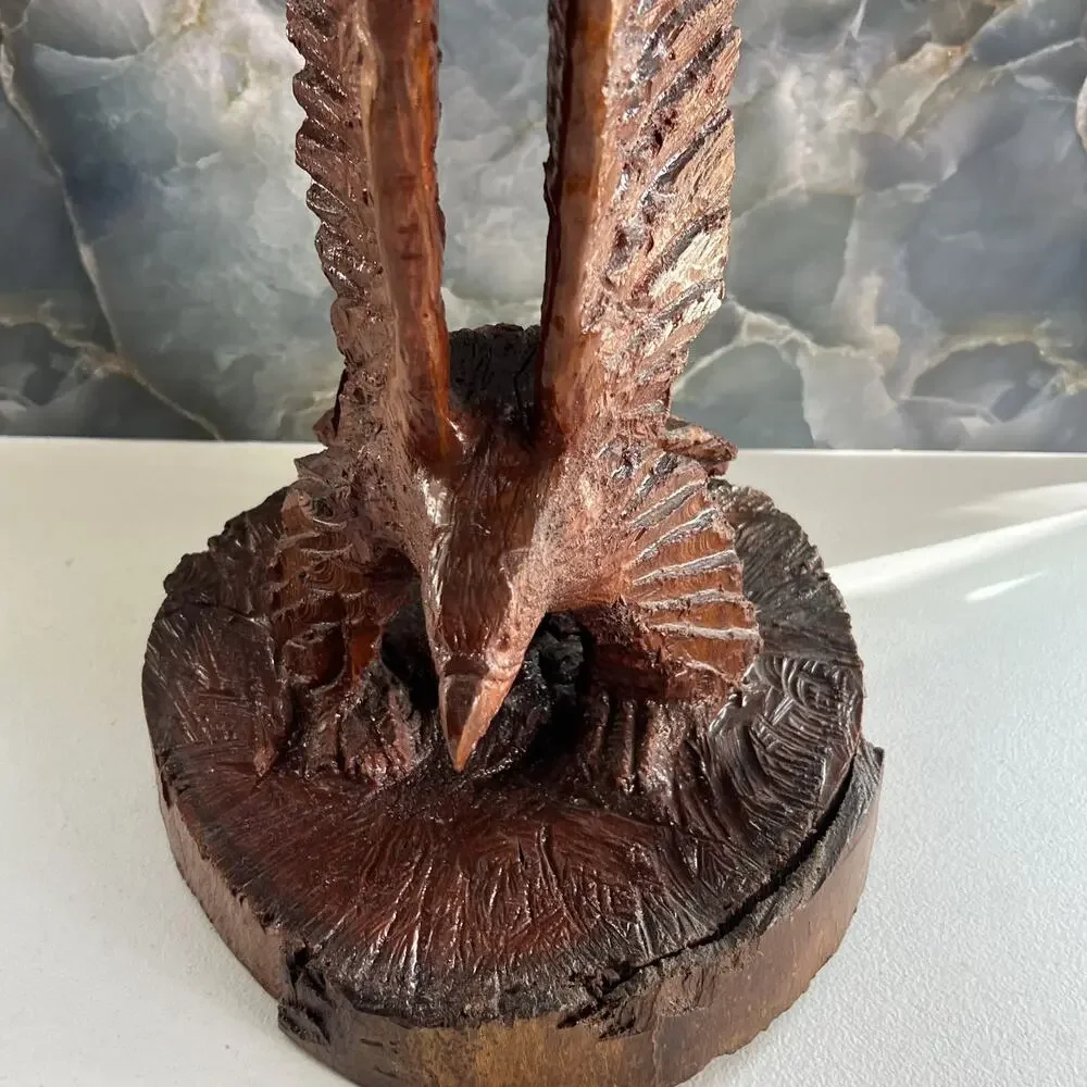 Rustic Chainsaw Carved Wooden Eagle Sculpture With Base Spread Wings 24